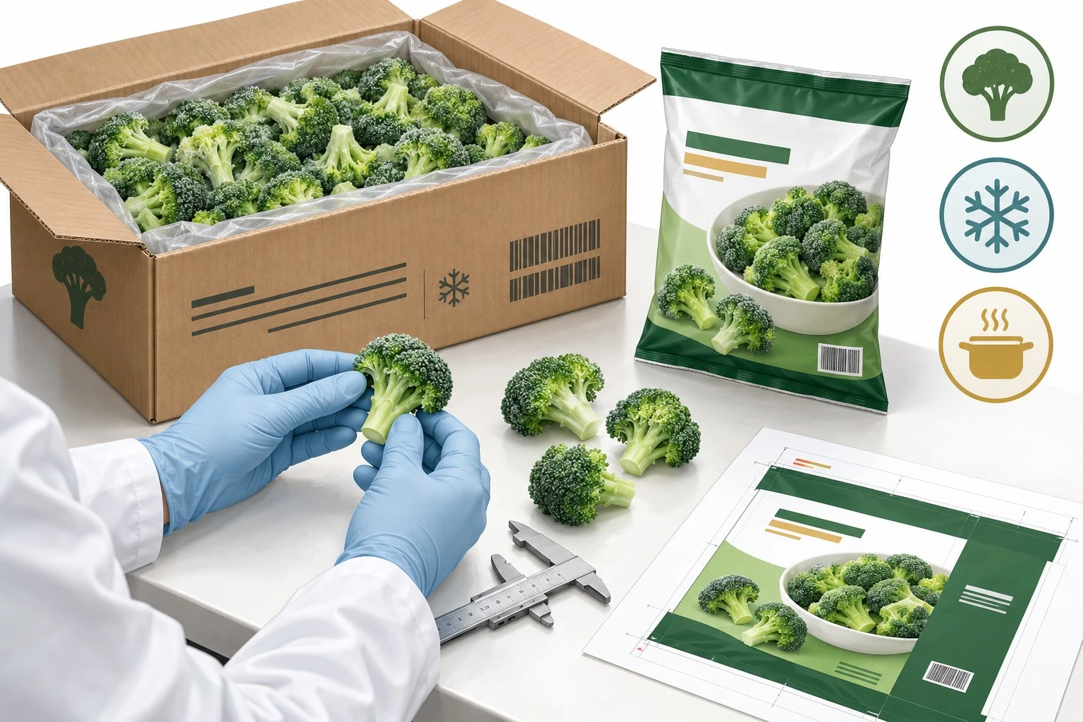Illustration of frozen broccoli identity, carton artwork and retail pack review