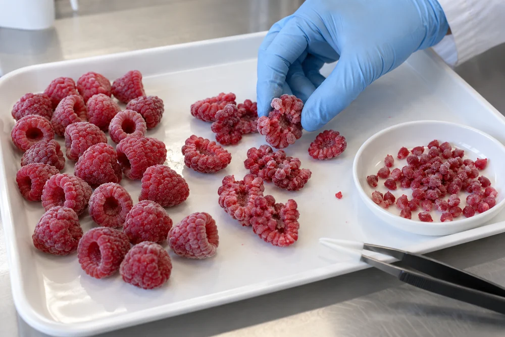 Frozen raspberry integrity inspection Frozen raspberries and detached drupelets on a white inspection tray