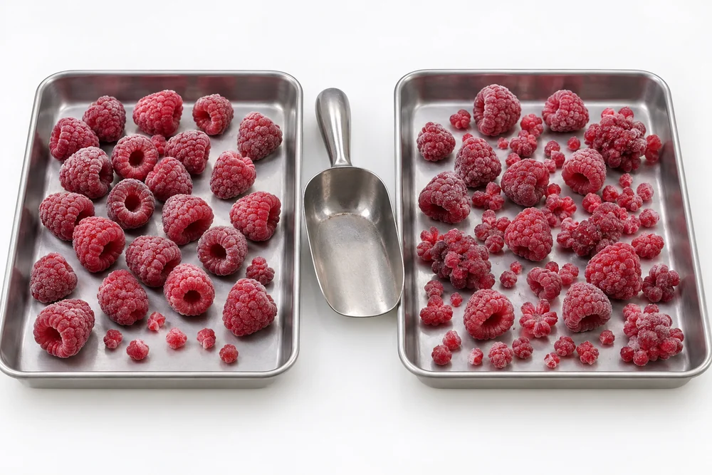 Raspberry handling comparison Two trays showing frozen raspberries before and after a handling transfer