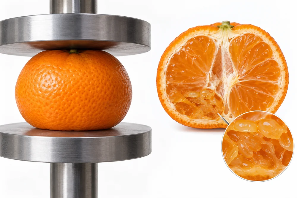 Mandarin compression and internal tissue Mandarin under broad compression beside cutaway juice sacs