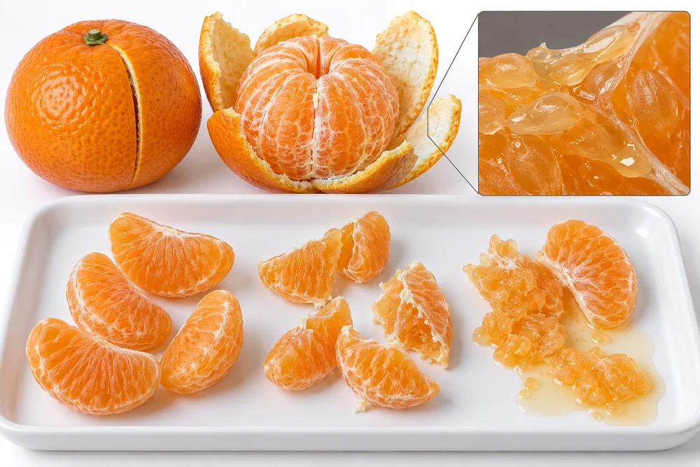 Mandarin segment integrity categories Whole and damaged peeled mandarin segments on an inspection tray