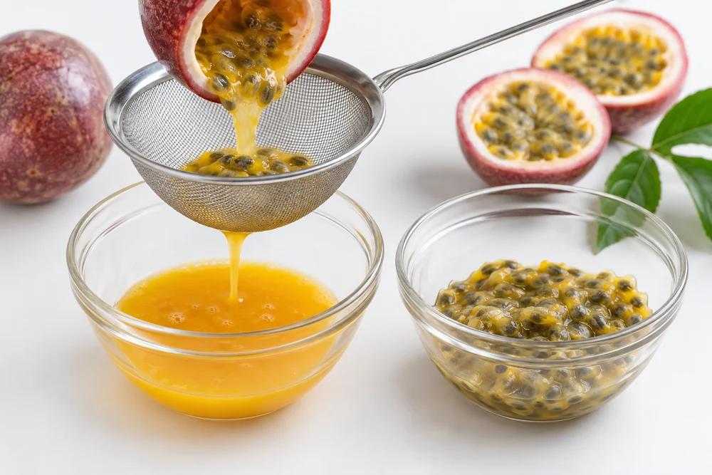Puree and recovered seed streams Passion fruit pulp separated from recovered seeds
