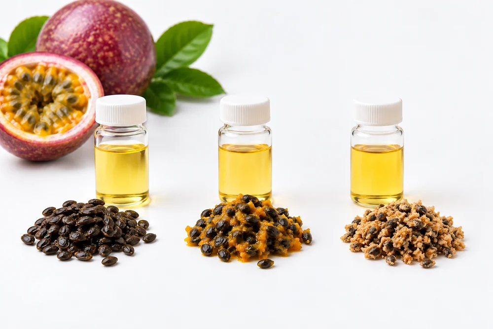 Process feed and extracted oil samples Passion fruit seed oil vials beside source seed samples