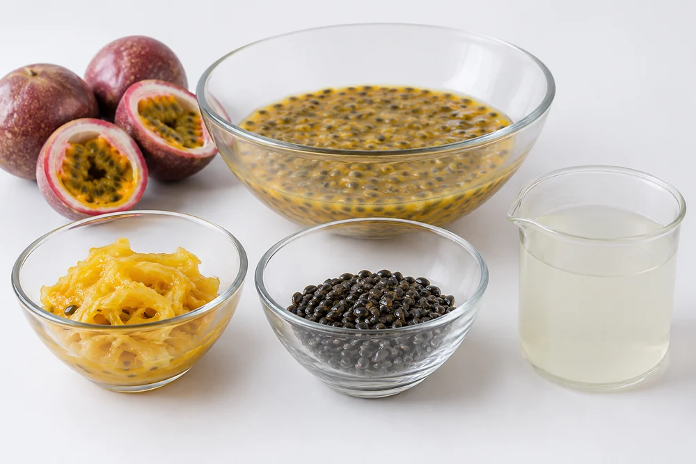 Recovered seed mass-balance streams Separated passion fruit seed, pulp and water fractions