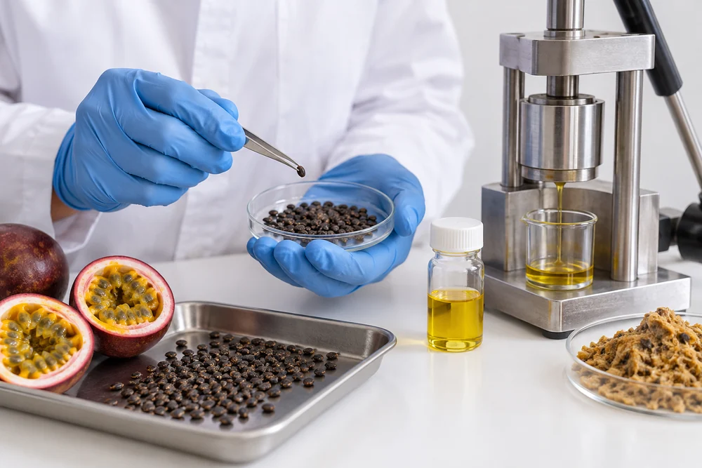 Seed recovery qualification trial Technician sampling cleaned passion-fruit seeds near pilot press