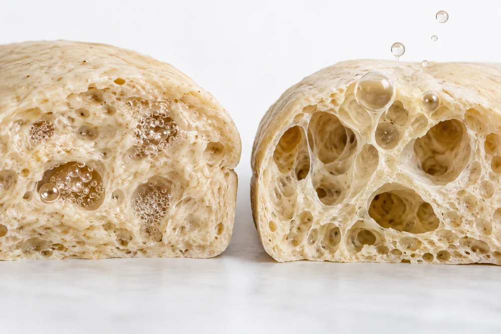 Dough bubbles and gas-cell walls Conceptual dough cutaways showing contained and escaping gas bubbles