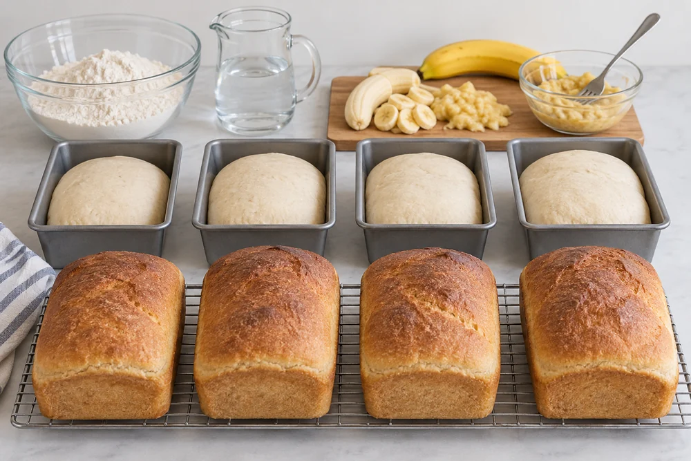 Matched banana bread preparation trial Matched dough pans and baked loaves beside flour, water and banana preparation