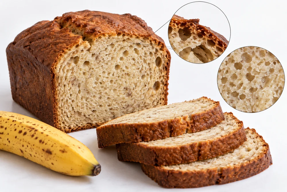 Finished loaf crumb and crust inspection Sliced banana loaf with close-up views of crumb cells and upper crust