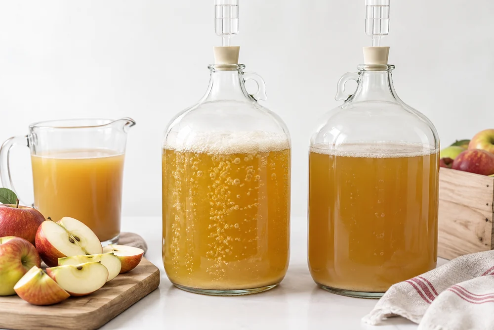 Two apple must fermentation vessels with contrasting bubble activity