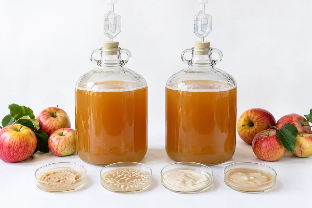 Matched must and yeast comparisons Paired apple must vessels beside separate yeast culture samples