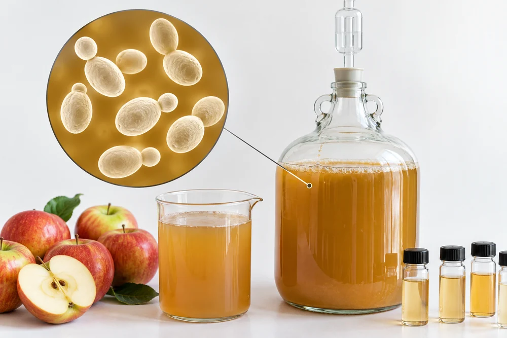 Nutrient supply and yeast activity Conceptual yeast cells beside apple must and aroma sampling vials