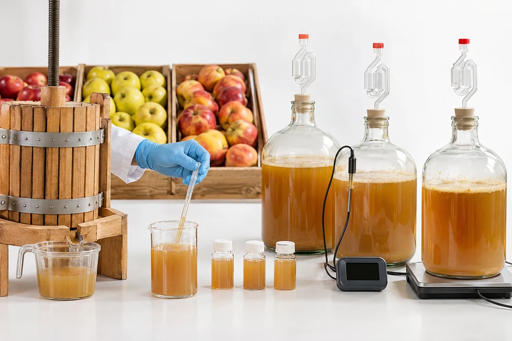 Traceable cider fermentation pilot Apple source samples, fermentation vessel and separate progress measurements
