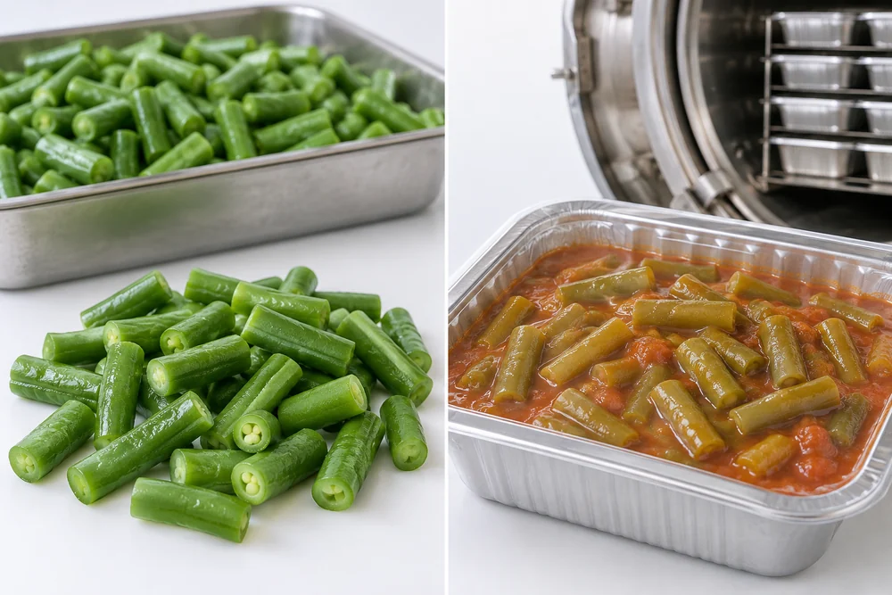 Green bean samples before and after retort Matched cut bean samples beside bean pieces in sauce and a sealed meal tray