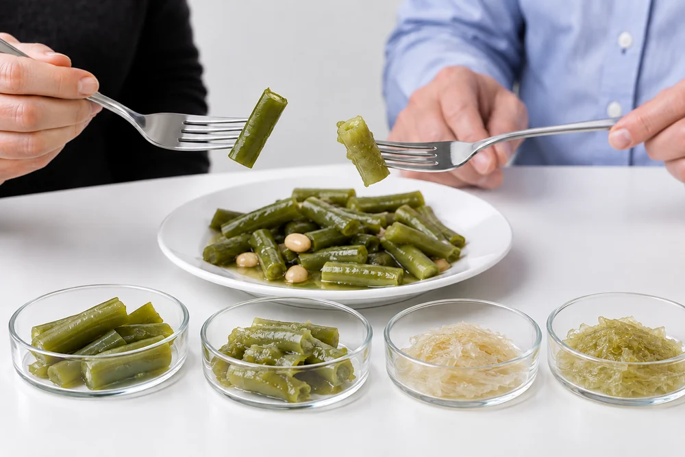 Structure-specific green bean acceptance Bean pieces lifted from a finished meal beside separate analytical samples