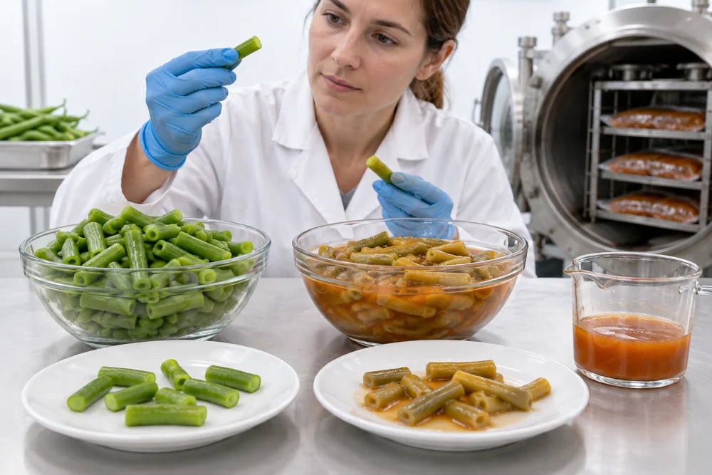 Green bean texture in the finished matrix Matched bean pieces inspected before heating and after heating in sauce
