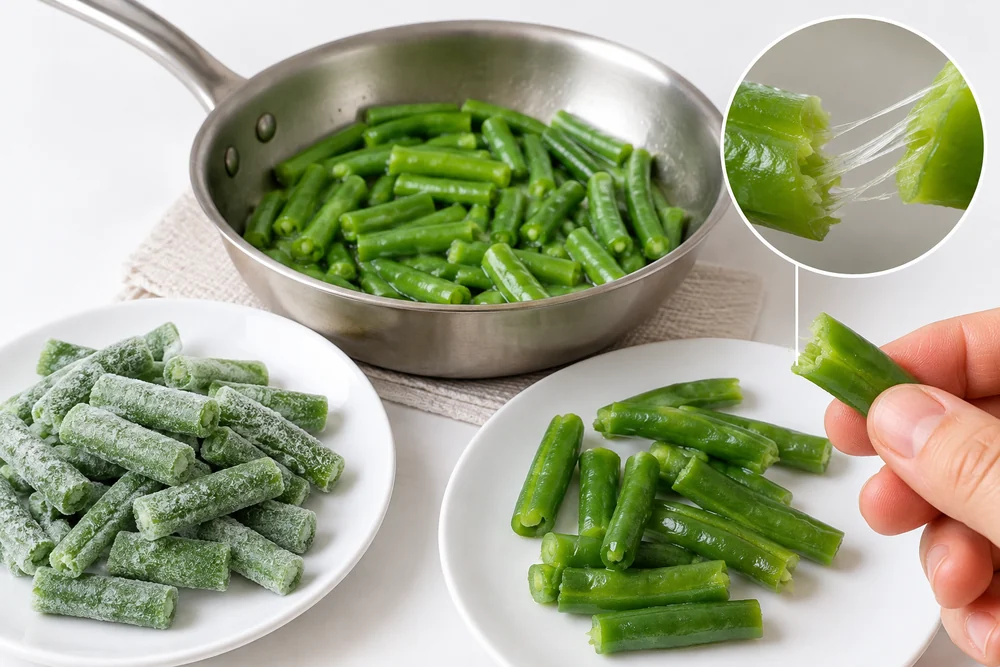 Frozen green bean cuts beside cooked pieces being inspected for seam fibres