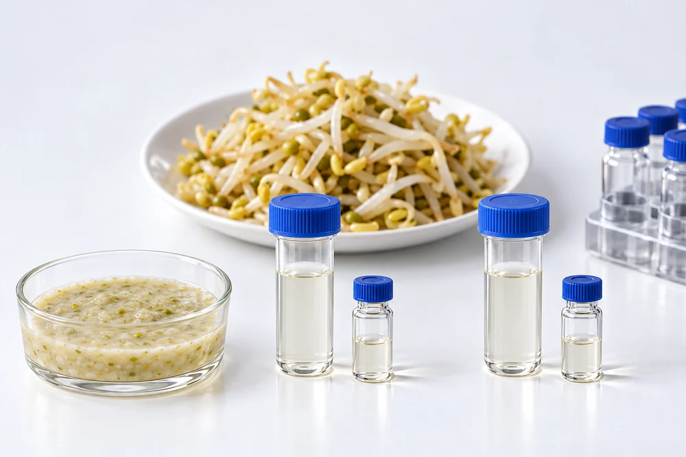 Separate precursor and reaction-product assays Homogenized cooked mung sprouts beside two extract vessels and analytical sample vials