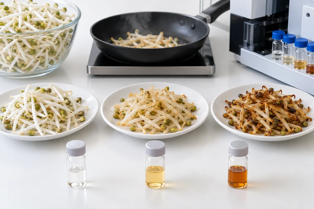 Sprout heating stages and sample collection Raw, heated and browned mung sprout samples beside analytical vials