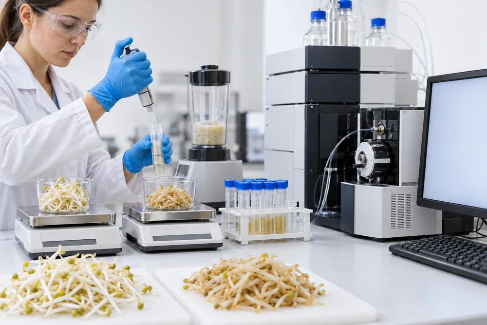 Traceable sprout sample analysis Matched raw and cooked sprout containers beside extraction and analytical equipment