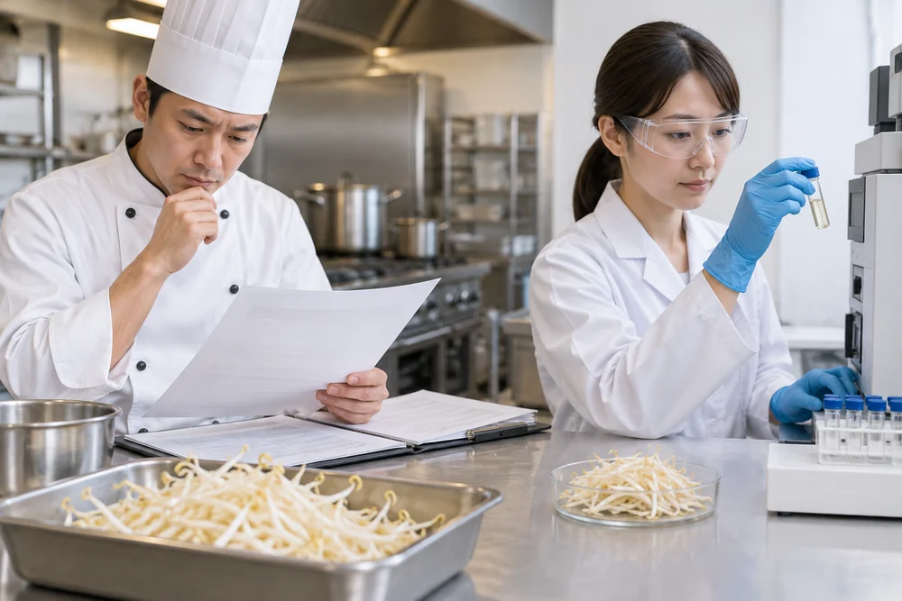 Cooking validation and chemical analysis Kitchen team reviewing cooking records beside separate sprout analytical samples
