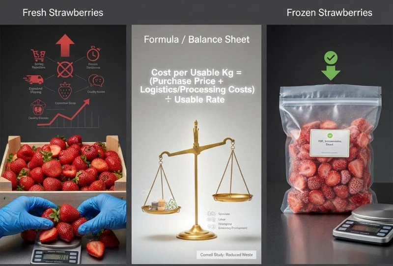 Calculate cost per usable kg for fresh and frozen strawberry procurement Calculate cost per usable kg for fresh and frozen strawberry procurement