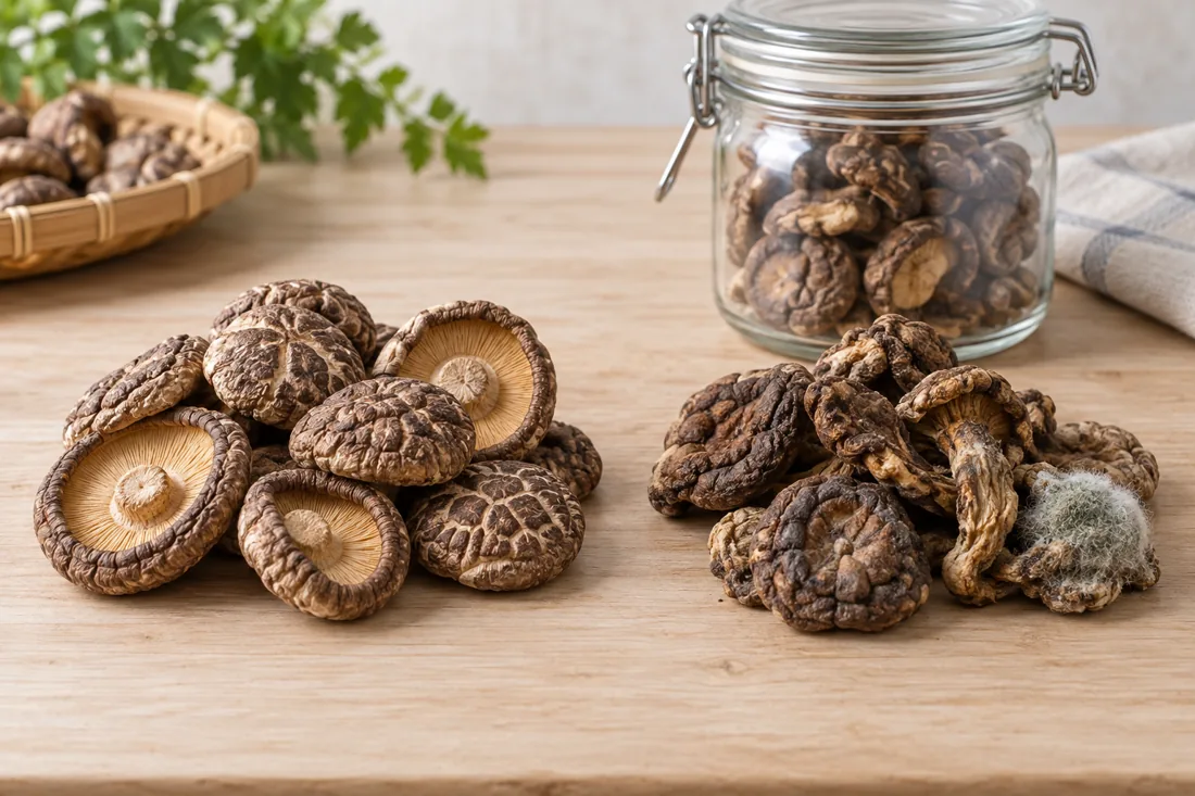 dried shiitake inspection: keep dry product protected and reject moisture damage, pests or visible mold.