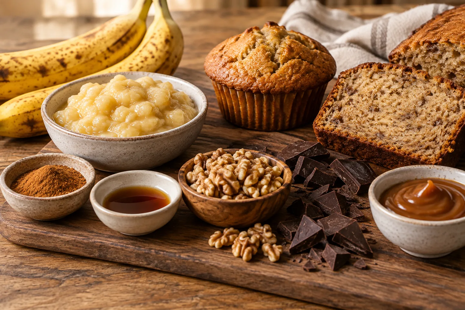 Banana bakery ingredients with cinnamon, vanilla, walnuts, chocolate and caramel
