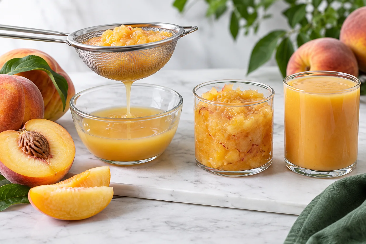 A precise cutaway-style food illustration showing peach flesh, expressed liquid, suspended pulp and a smooth nectar texture without text labels