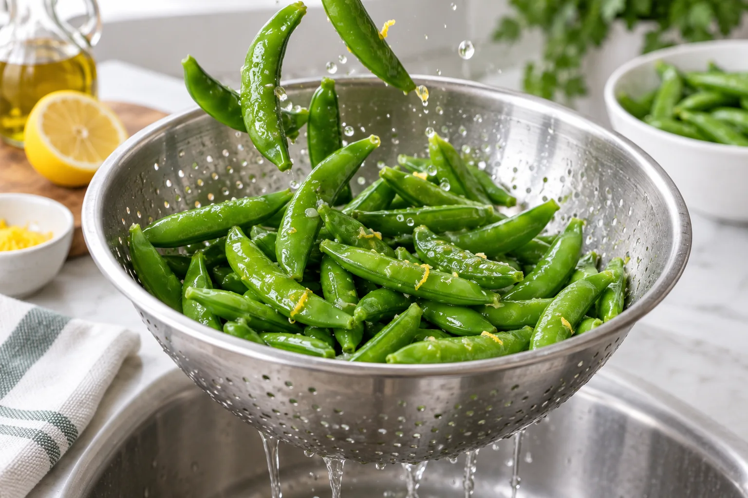 Steamed sugar snap peas being tossed after cooking with a light lemon-oil dressing while excess water drains away, preserving glossy crisp pods