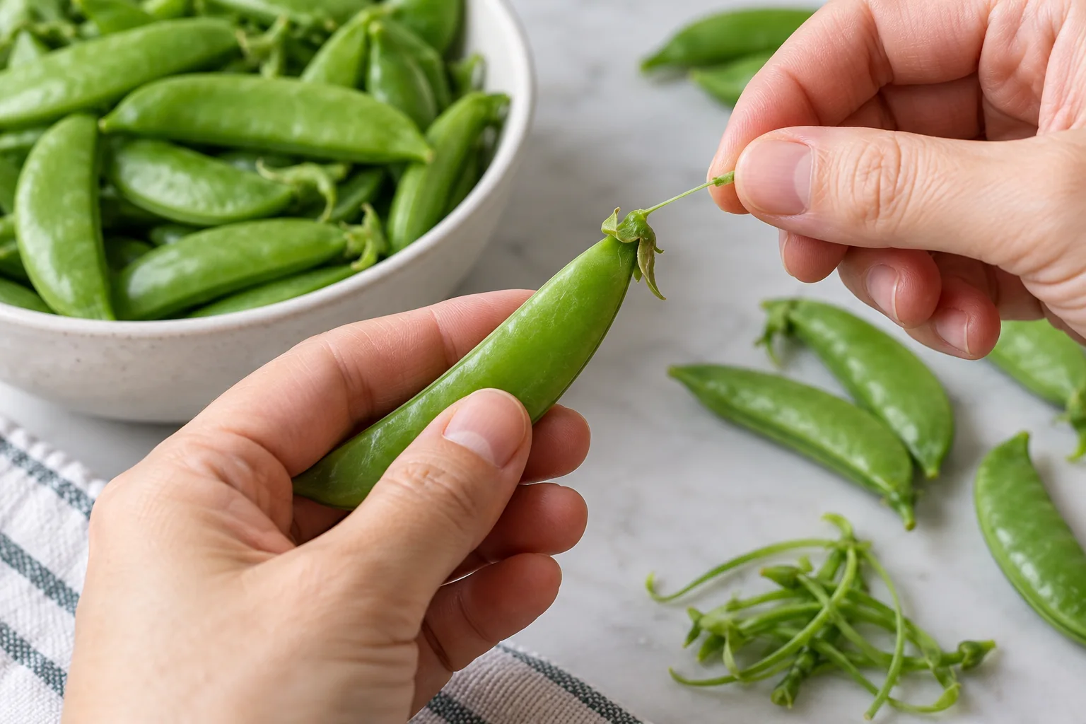 Close-up preparation sequence showing a hand snapping the stem end and pulling the string from a plump sugar snap pea, accurate pod anatomy, no face or text