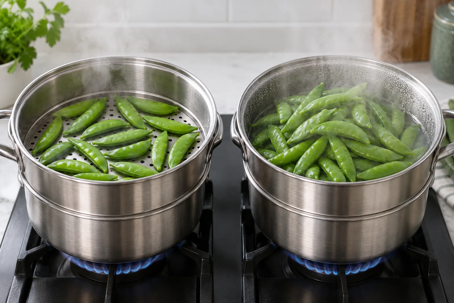 Two identical steam baskets comparing a shallow single layer with an overloaded mound producing condensation, clearly showing circulation differences without arrows or text