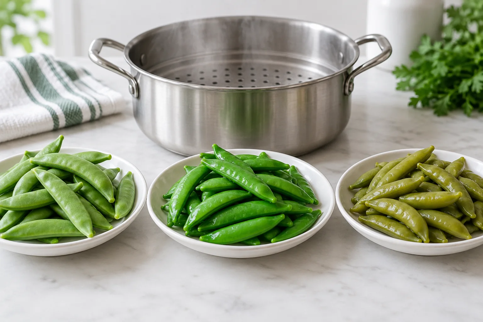 A three-stage steaming sequence with the same sugar snap peas before steaming, at bright crisp-tender doneness, and overcooked olive-soft condition, no labels or numbers