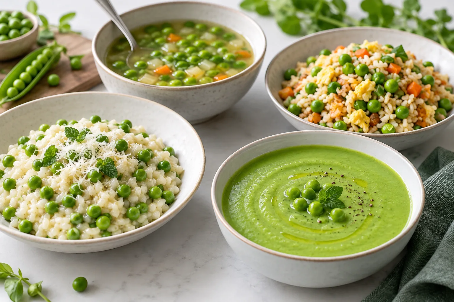 A food application spread showing distinct pea texture needs in risotto, soup, fried rice and smooth puree, coherent editorial composition without text