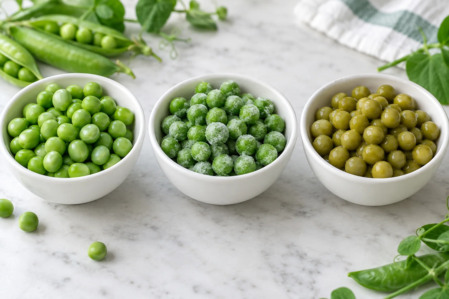 Three unlabelled white tasting bowls compare fresh shelled peas, IQF frozen peas and drained canned peas, with clear differences in color, surface and texture under neutral light Three unlabelled white tasting bowls compare fresh shelled peas, IQF frozen peas and drained canned peas, with clear differences in color, surface and texture under neutral light