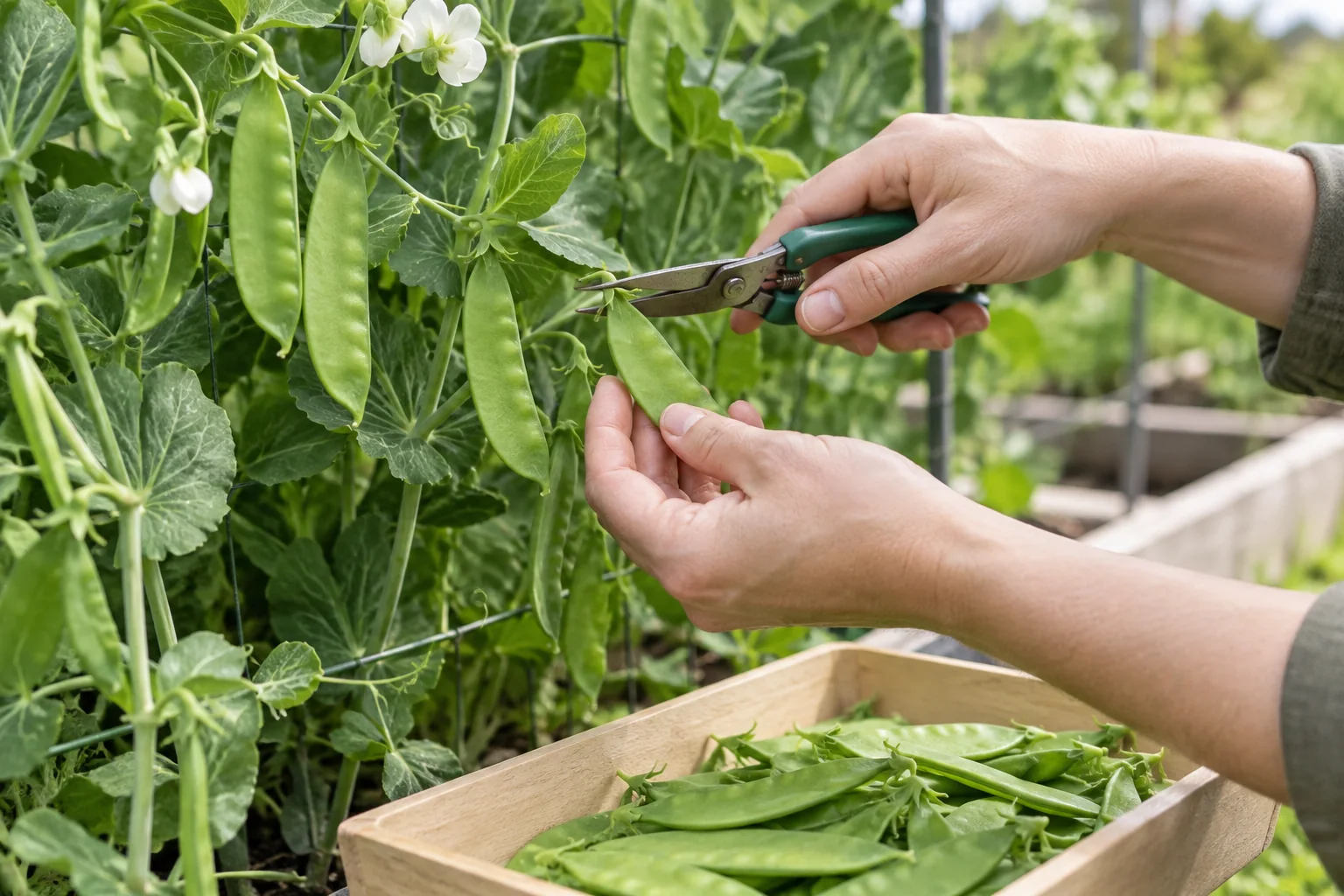 Hands harvesting snow peas with one hand supporting the vine and the other clipping a pod into a shallow field tray, no faces or branding