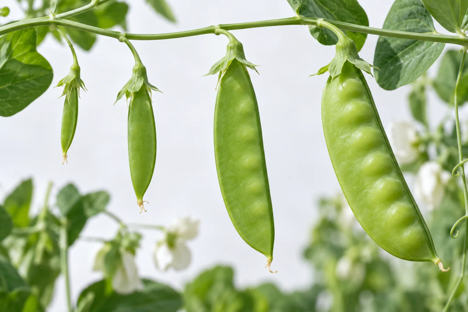 A botanical progression of snow pea pods from too small to ideal flat full-length to overmature swollen pod, accurate seams and seed bulges, no labels