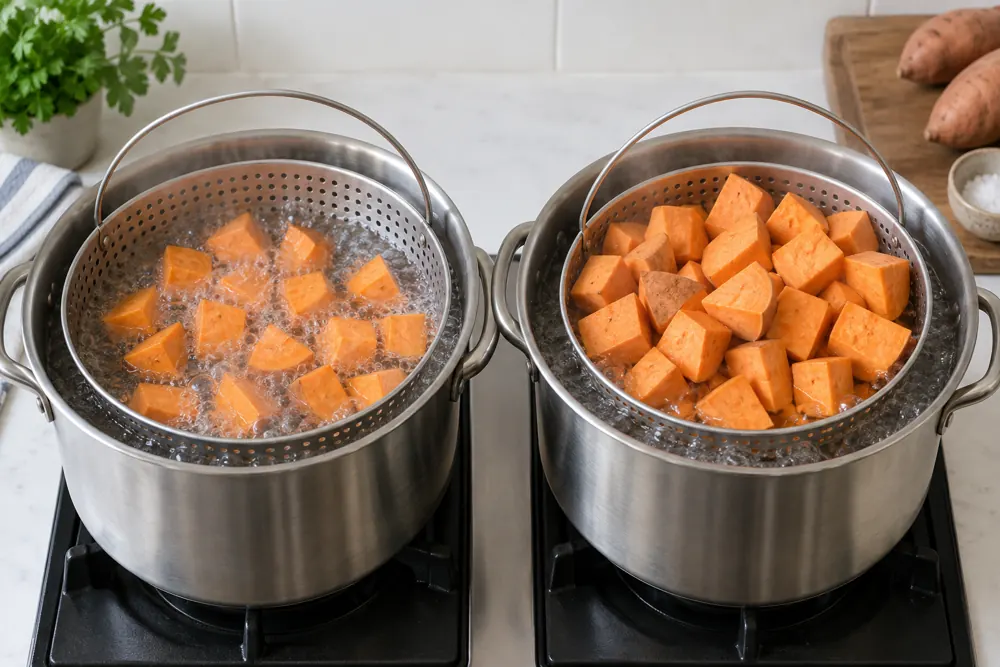 Shallow and crowded sweet potato blanch baskets compared