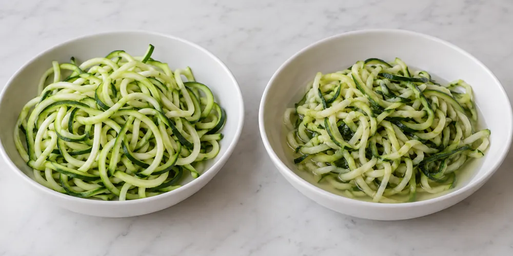 Fresh and thawed zucchini noodles with visible water release