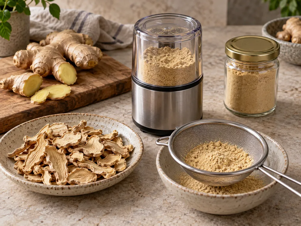 Dried ginger slices, spice mill and sieved powder