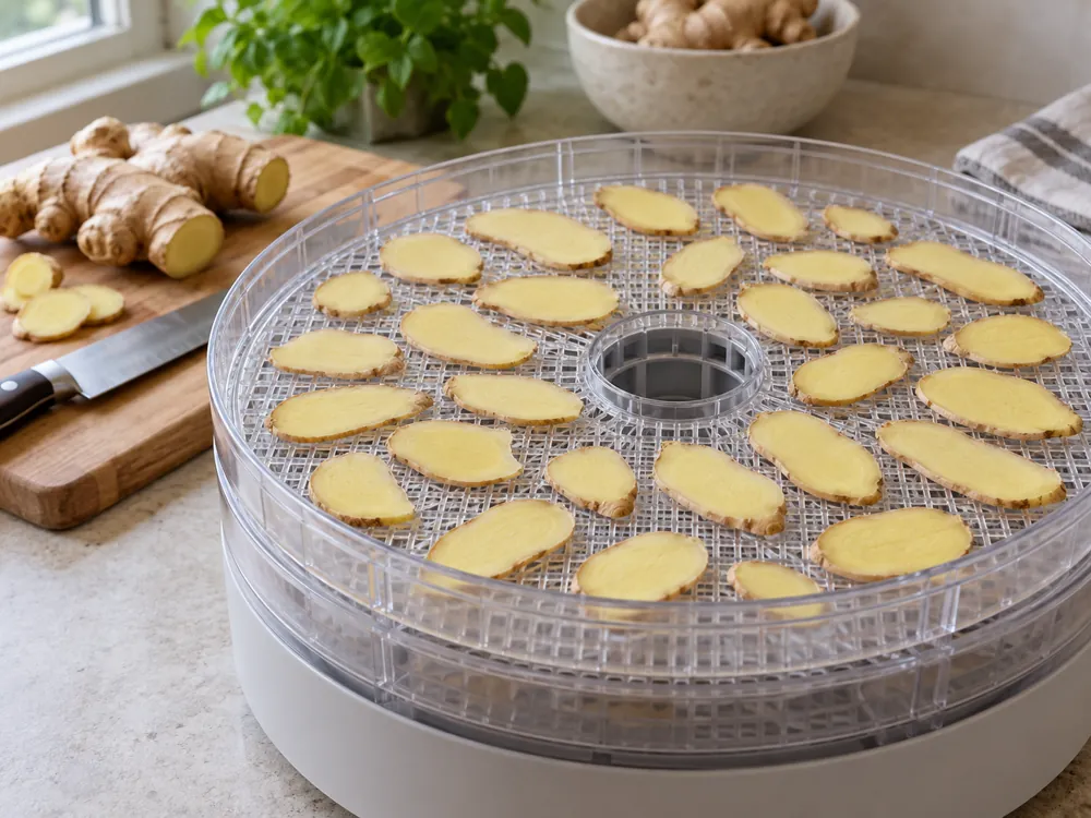 Single layer of ginger slices with gaps on a dehydrator tray