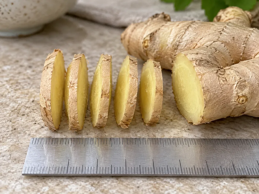 Evenly cut ginger slices beside a plain ruler