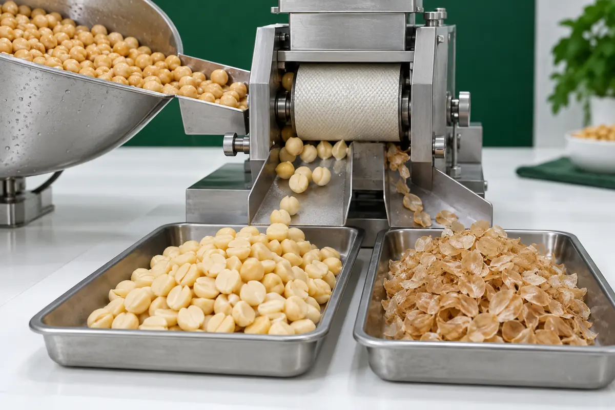 Illustrated chickpea dehulling with kernels and coats separated