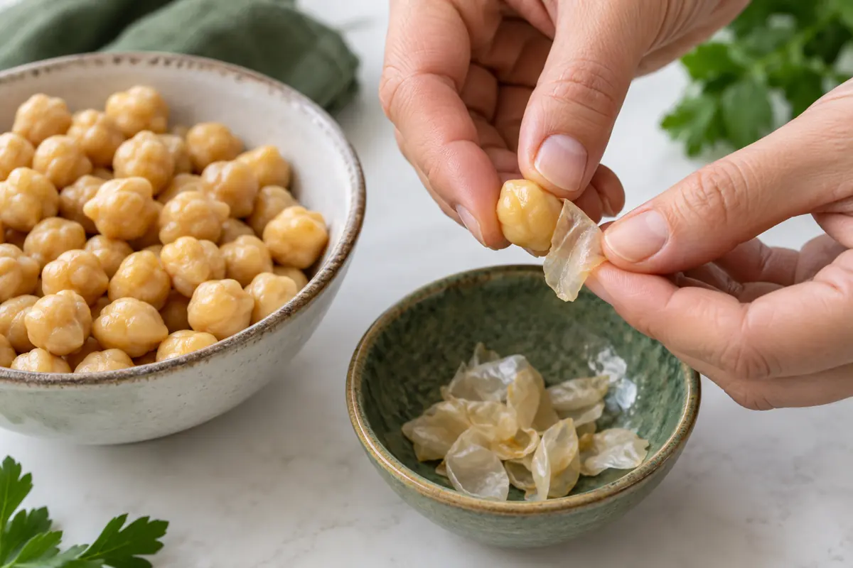 Hand removing the thin skin from a cooked chickpea