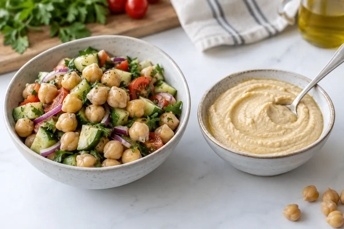 Whole chickpeas in a salad beside a smooth puree