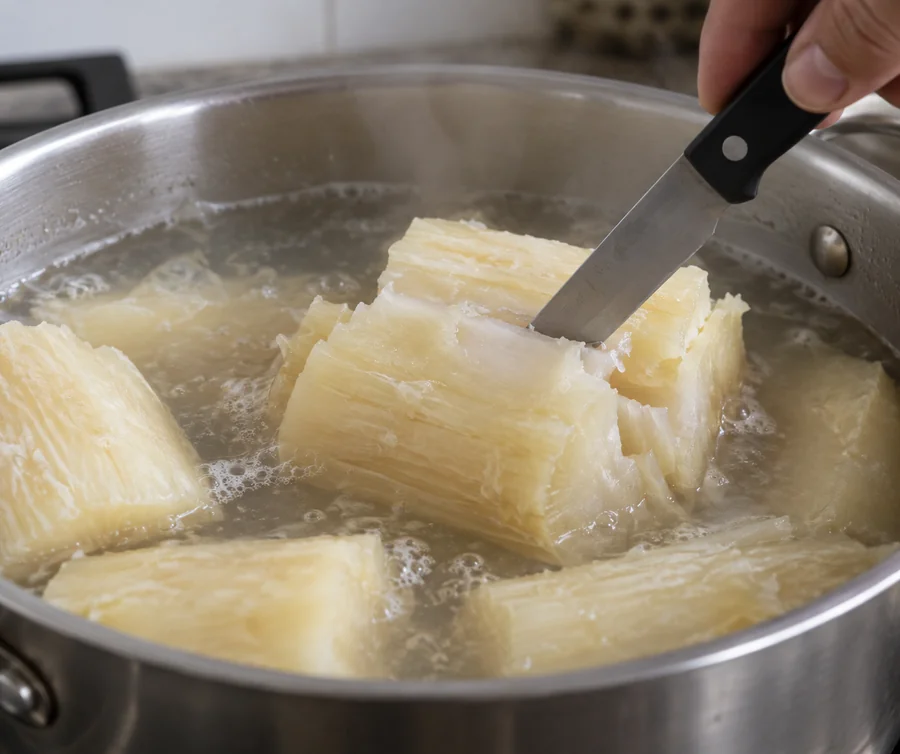 Largest frozen cassava chunk in simmering water tested at center with a paring knife, steam modest, no misleading timer