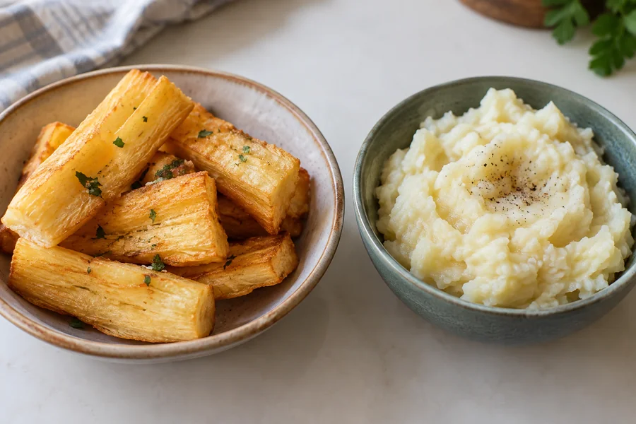 Cooked drained cassava pieces divided between golden fried sticks and soft mash, both visibly derived from cooked yuca
