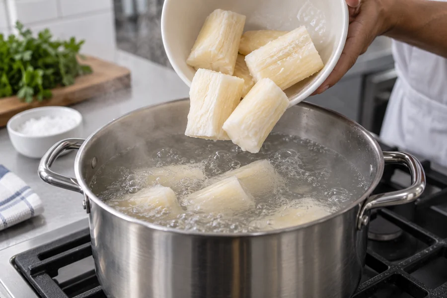 Peeled frozen yuca chunks going directly from a plain bowl into a pot of simmering water, distinct cassava shape and pale flesh