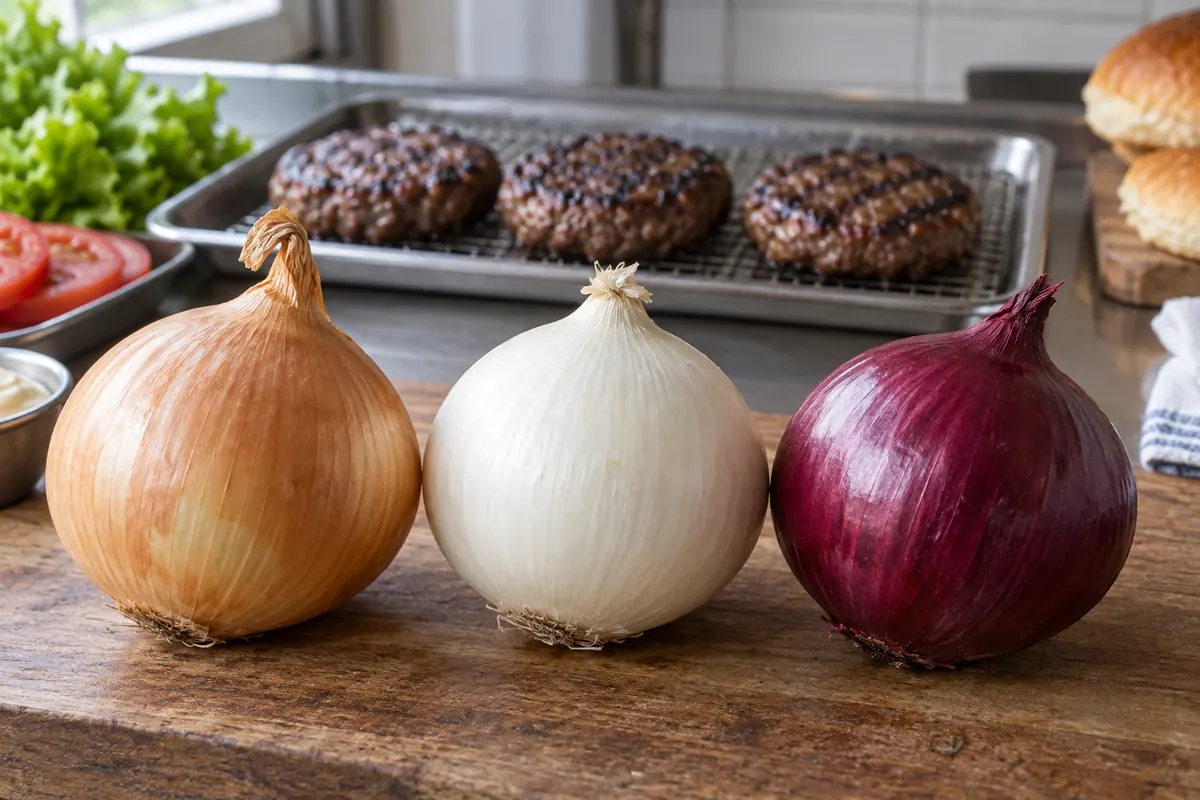 Yellow, white and red onions beside prepared burger portions