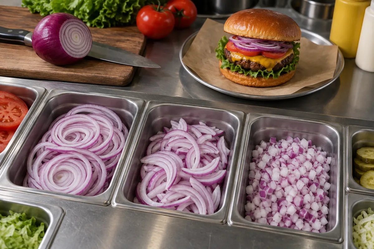 Onion rings, half-moon slices and dice in separate prep pans