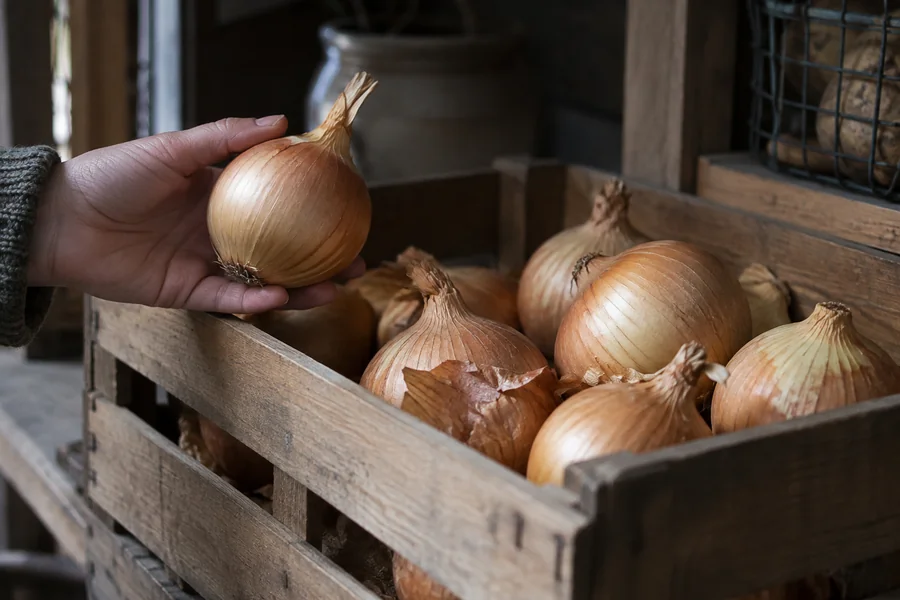 Whole uncut yellow storage onions in a ventilated crate with dry necks and intact skins